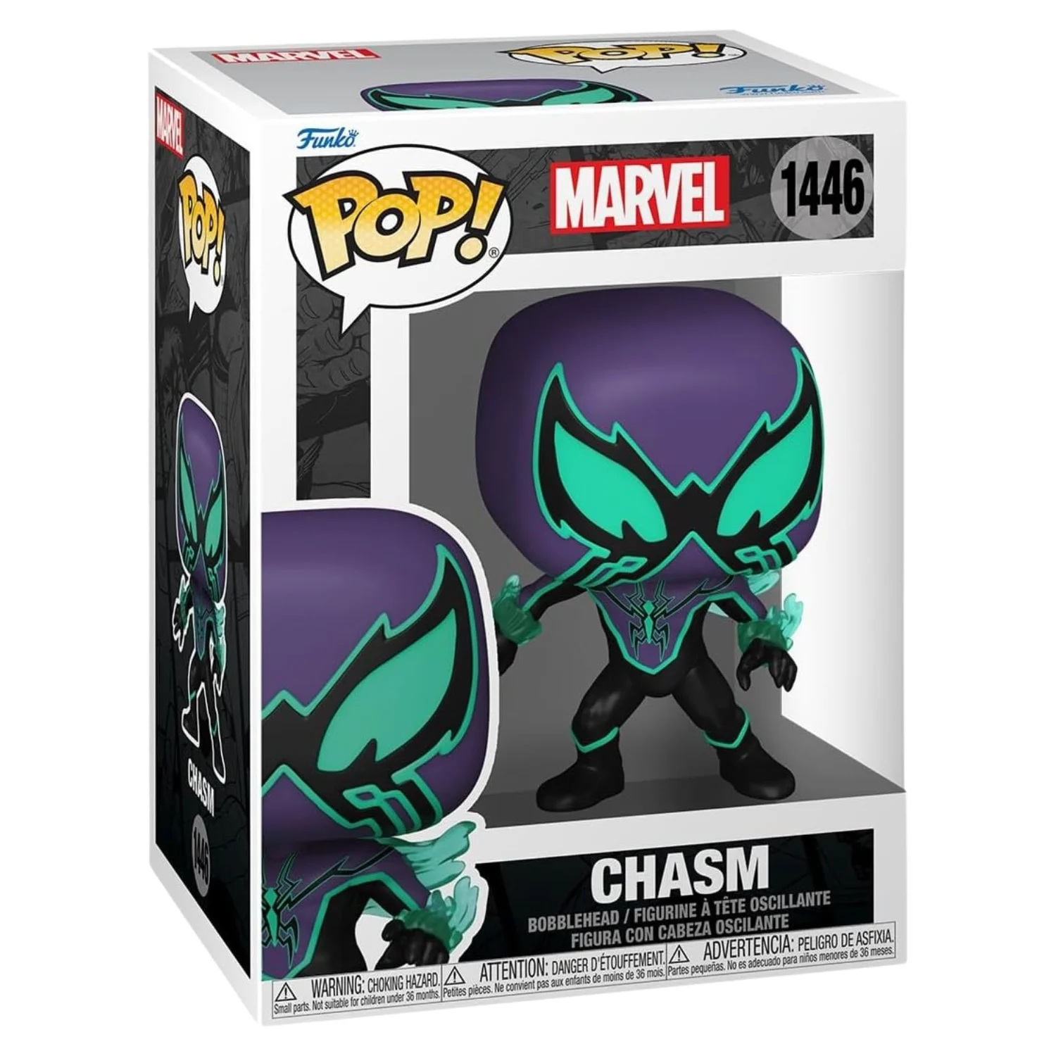 Funko Pop Chasm 1446 Marvel en su caja original, vista lateral.