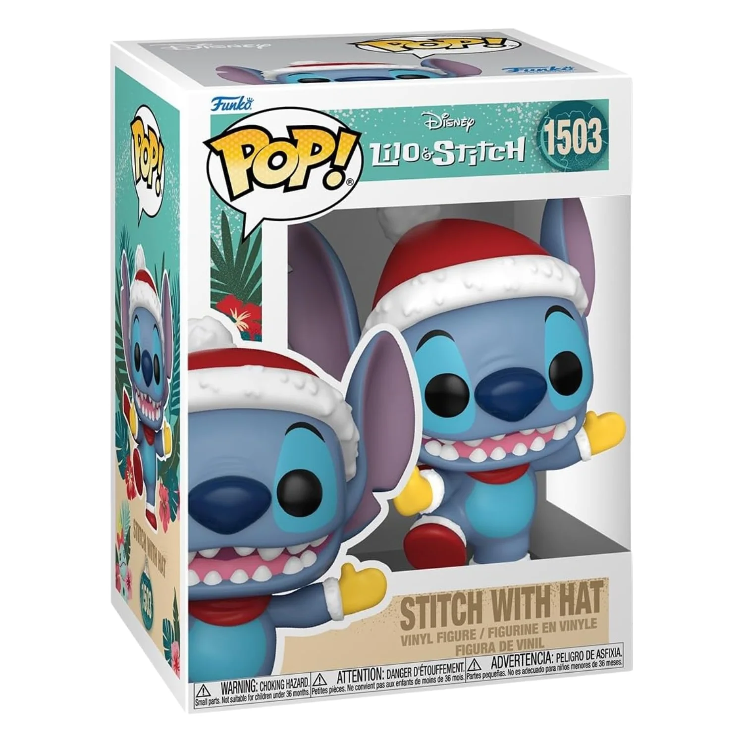 Funko Pop Stitch 1503 Lilo & Stitch Navidad en su caja original, vista lateral.