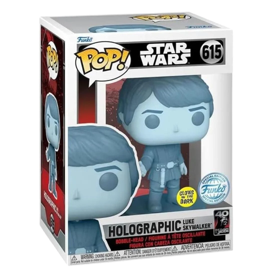 Funko Pop Holographic Luke Skywalker 615 GITD Star Wars en su caja original, vista lateral