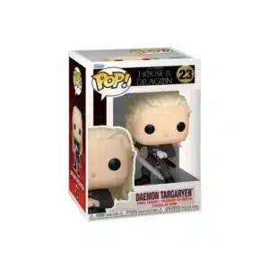 Funko Daemon Targaryen de la casa del dragón. Pelo rubio, traje gris y su increible espada
