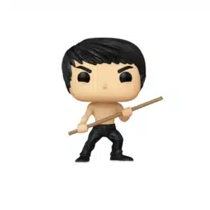 Funko Bruce Lee con palo marron representando una accion de lucha