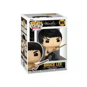 Funko Bruce Lee con palo marron representando una accion de lucha