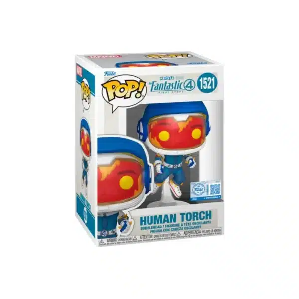 Funko Human Torch de los 4 fantasticos. El hombre fuego aparece con su traje y casco de astronauta.