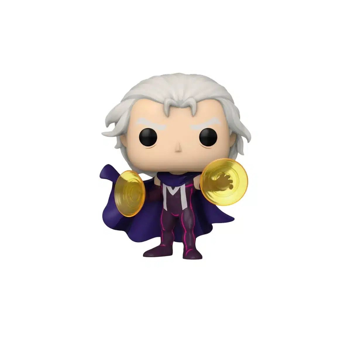 Funko Magneto del equipo X-Men marvel. El rey del magnetismo con pelo blanco, capa lila y sus imanes amarillos en la mano.