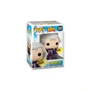 Funko Magneto del equipo X-Men marvel. El rey del magnetismo con pelo blanco, capa lila y sus imanes amarillos en la mano.
