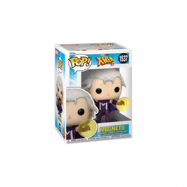 Funko Magneto del equipo X-Men marvel. El rey del magnetismo con pelo blanco, capa lila y sus imanes amarillos en la mano.