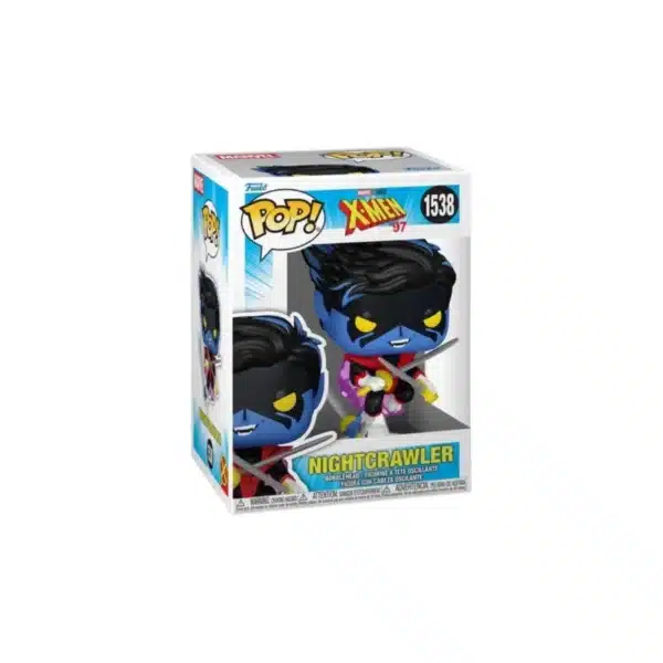 Funko Nightcrawler heroe del equipo X-Men con pelo negro, rostro azul y sus tres espadas.