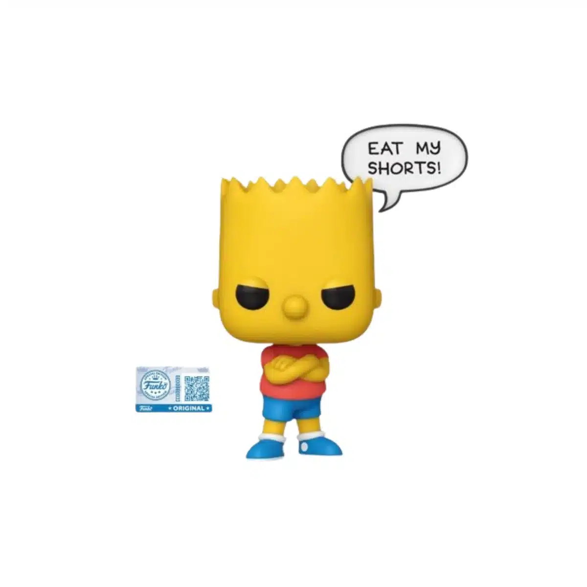 Funko Bart exclusivo de los simpson. Cuerpo amarillo, camiseta roja y pantalon azul.