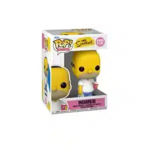 Funko Homer Simpsons de Springfield. Cuerpo amarillo, camiseta blanca y pantalones azules y cerveza en la mano