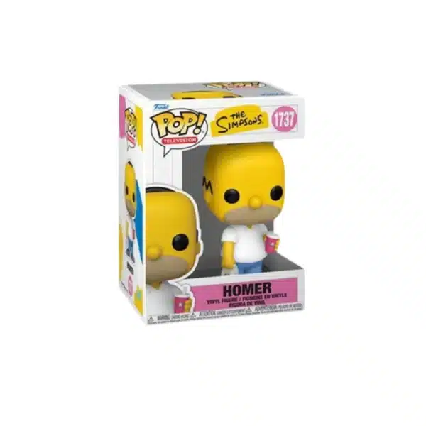 Funko Homer Simpsons de Springfield. Cuerpo amarillo, camiseta blanca y pantalones azules y cerveza en la mano