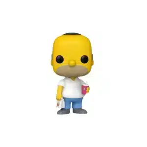 Funko Homer Simpsons de Springfield. Cuerpo amarillo, camiseta blanca y pantalones azules y cerveza en la mano