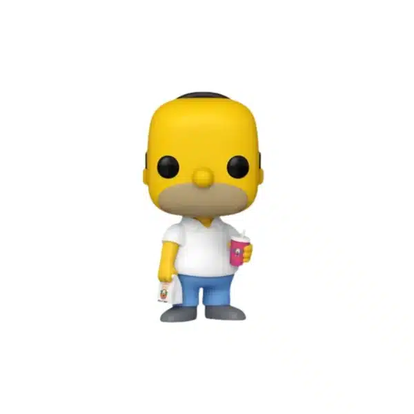 Funko Homer Simpsons de Springfield. Cuerpo amarillo, camiseta blanca y pantalones azules y cerveza en la mano