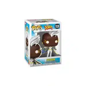 Funko Storm con traje blanco, detalles dorados y melena blanca al viento.