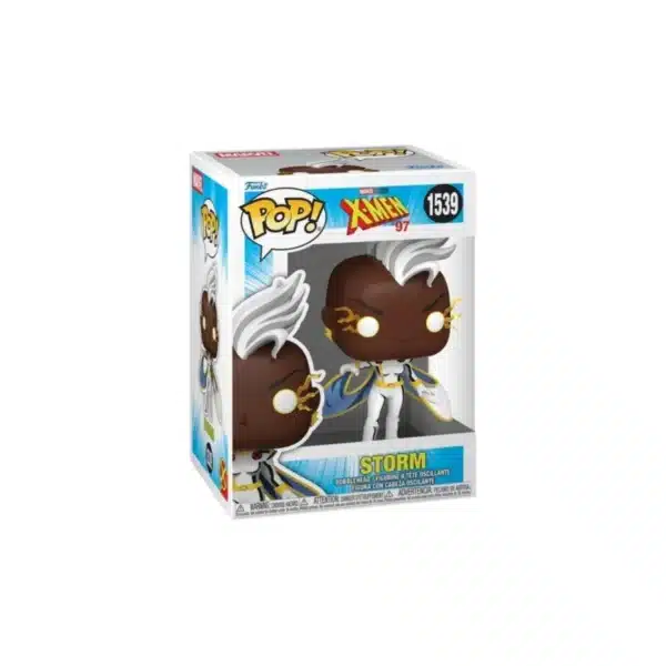 Funko Storm con traje blanco, detalles dorados y melena blanca al viento.