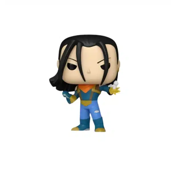 Funko del personaje Super Android de Dragon Ball. Lleva traje azul y un par de mechones de pelo en la cara