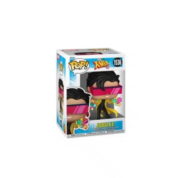 Funko Jubilee del equipo X-Men Marvel. Elegante con su pelo negro, gafas de sol y magia en sus manos