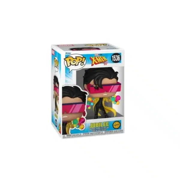 Funko Jubilee del equipo X-Men Marvel. Elegante con su pelo negro, gafas de sol y magia en sus manos