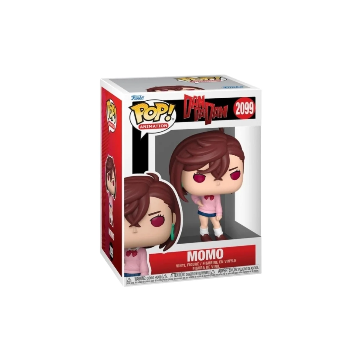 Funko Momo 2099 DanDaDan. La chica con su pelo marron, ojos rojos y vestido rosa.