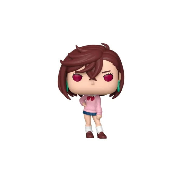 Funko momo dandadan. La chica con su pelo marron, ojos rojos y vestido rosa.