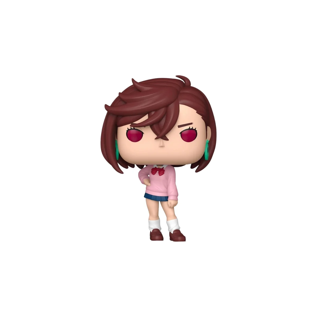 Funko momo dandadan. La chica con su pelo marron, ojos rojos y vestido rosa.