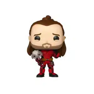 Funko Nicepool 1508 en edcion exclusiva. Observamos la figura con traje rojo, perrito en la mano y melena al viento.