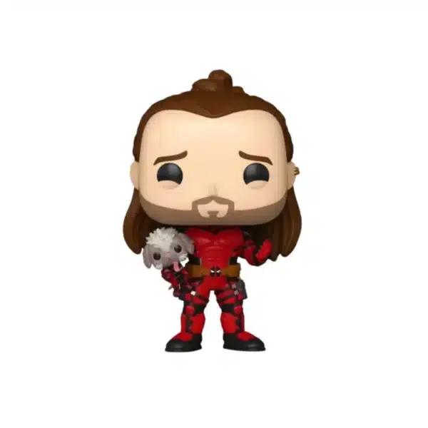 Funko Nicepool 1508 en edcion exclusiva. Observamos la figura con traje rojo, perrito en la mano y melena al viento.