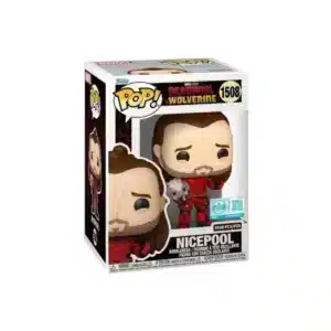 Funko Nicepool 1508 en edcion exclusiva. Observamos la figura con traje rojo, perrito en la mano y melena al viento.