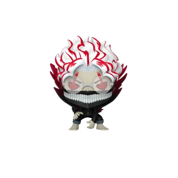 Funko okarun 2100. sonrisa diabolica, cuerpo negro y pelo rojo y blanco.