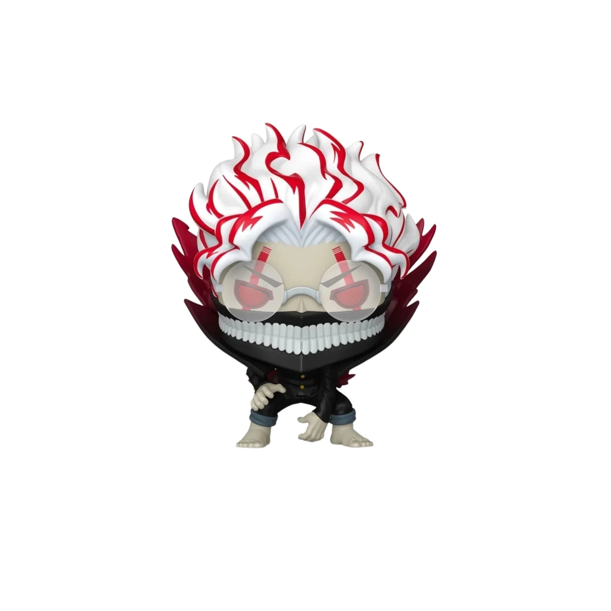 Funko okarun 2100. sonrisa diabolica, cuerpo negro y pelo rojo y blanco.