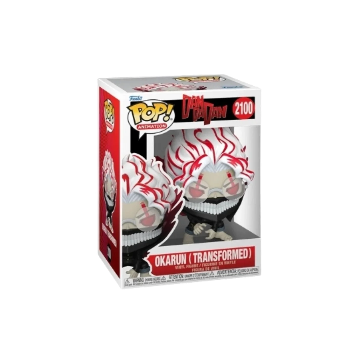 Funko Okarun 2100 DanDaDan. sonrisa diabolica, cuerpo negro y pelo rojo y blanco.