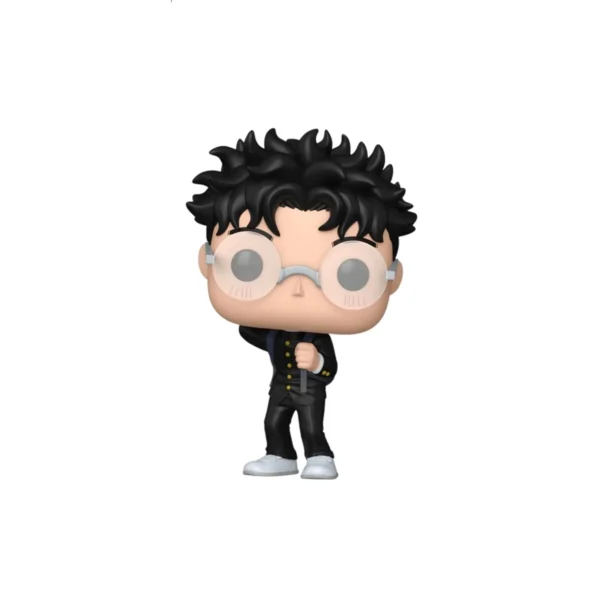 Funko okarun CHASE. Pelo rizado negro, gafas, camiseta y pantalon negro