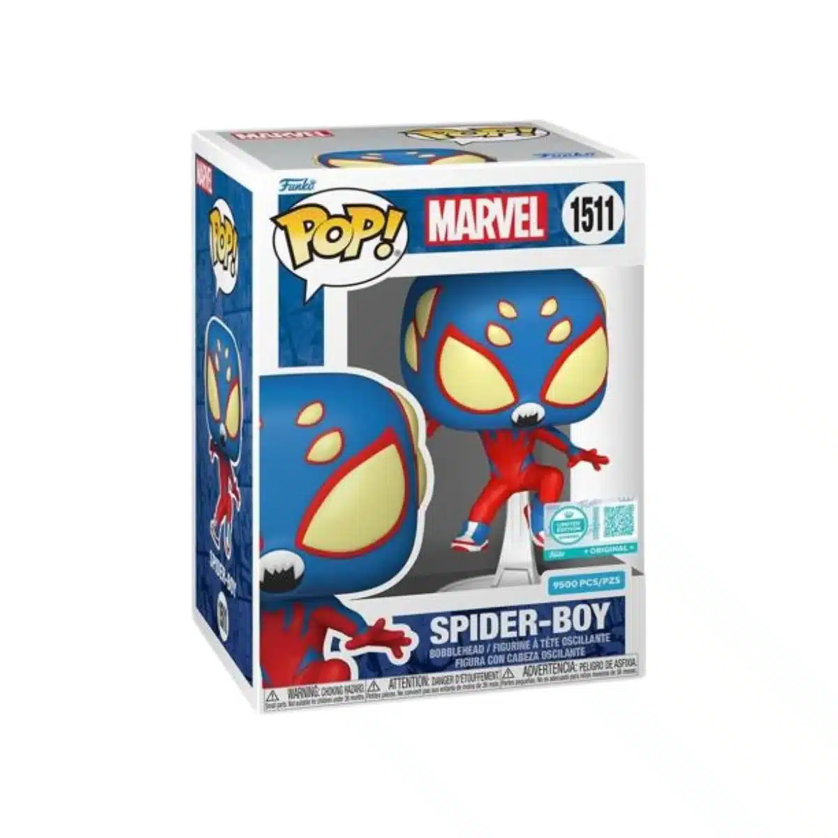 Funko Spider Boy 1511 exclusivo de marvel. Pieza unica del hombre araña con traje azul y rojo y ojos amarillos