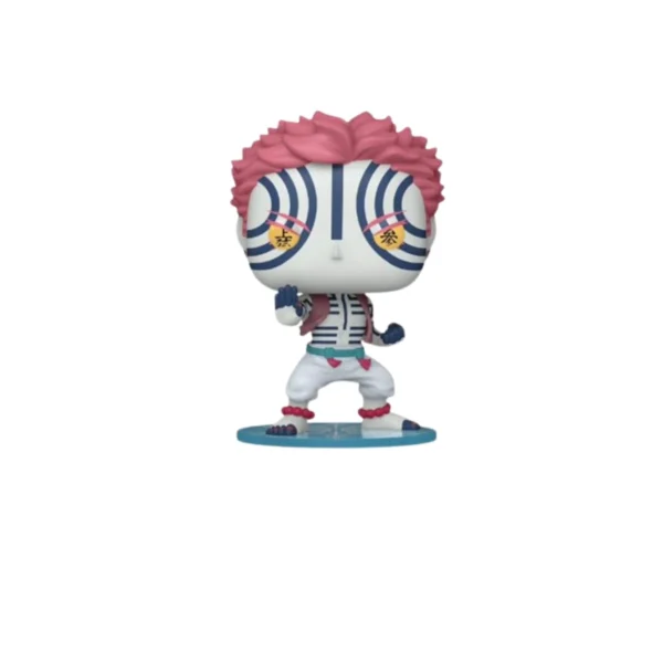 Este Funko de Akaza tiene la cara con lineas y el pelo rosa.
