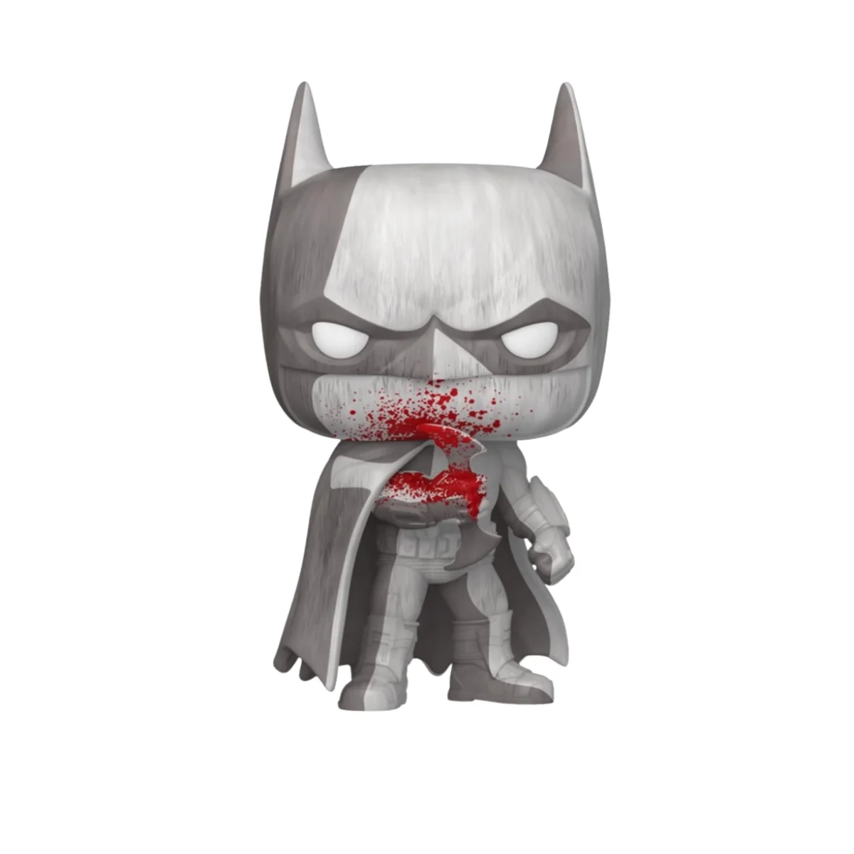Funko de Batman, color metálico y la cara manchada de sangre