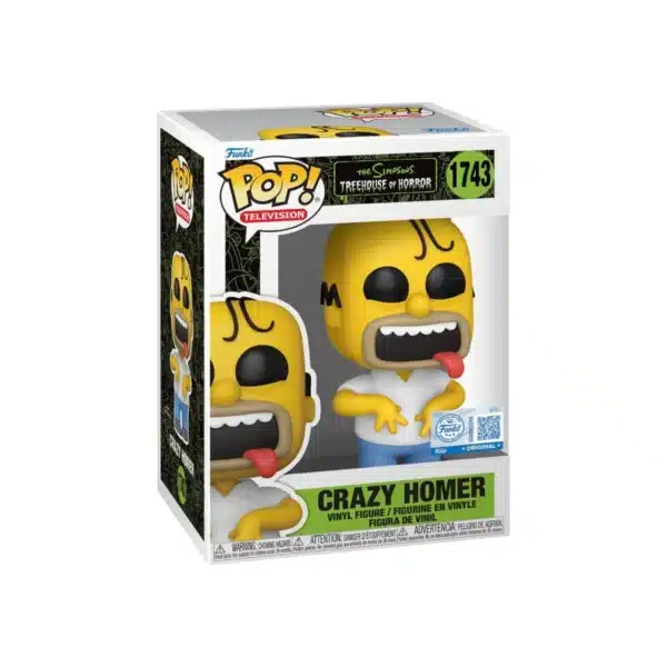 Funko Crazy Homer 1743 SE de los simpsons. Color amarillo y emblematica camiseta blanca y pantalon azul.