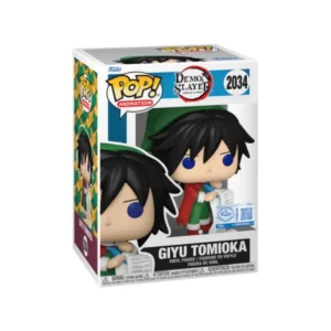 Este es el Funko de Giyu Tomioka con un gorro verde y su vestimenta combina colores verdes y rojos