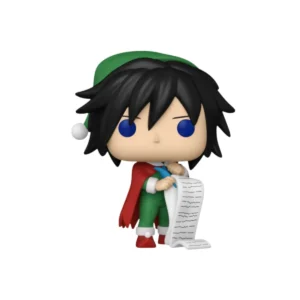 Este es el Funko de Giyu Tomioka con un gorro verde y su vestimenta combina colores verdes y rojos