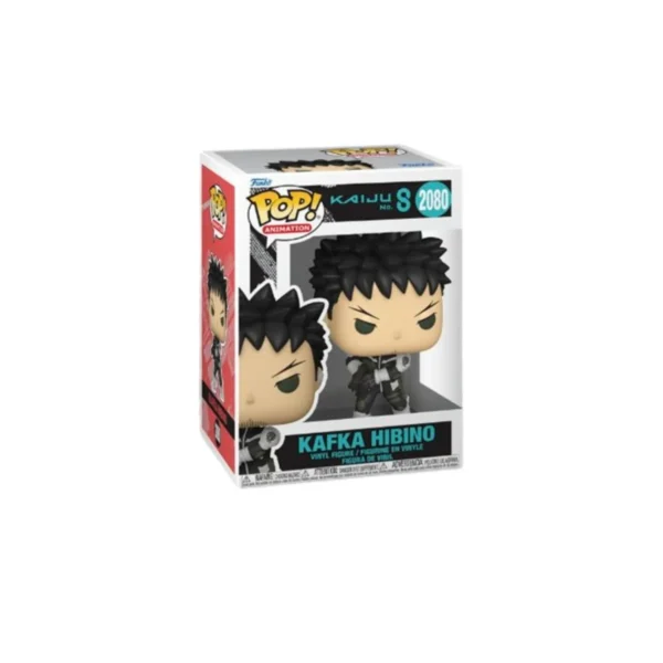 Funko Kafka Hibino 2080 Kaiju No. 8 con pelo negro de punta, traje negro y subfusil en las manos