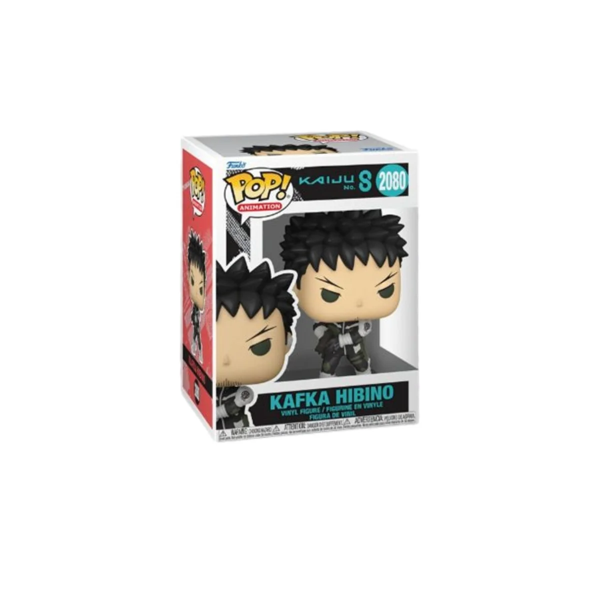 Funko Kafka Hibino 2080 Kaiju No. 8 con pelo negro de punta, traje negro y subfusil en las manos