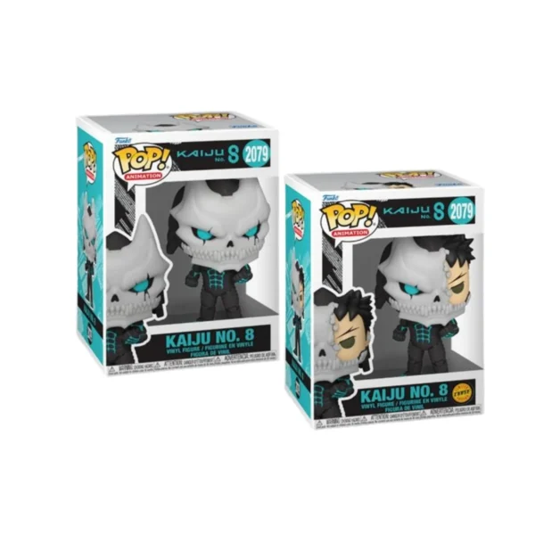 Funko Bundle Kaiju No. 8 2079. Aparecen las dos figuras. Una regular con la mascara gris de monstruo y la CHASE con mitad de la mascara de monstruo y la otra mitad con cara humana