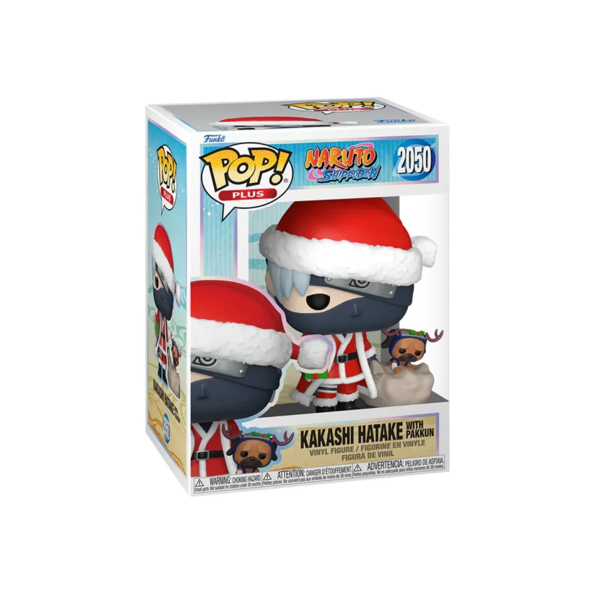 A Funko Kakashi Hatake 2050 Plus Naruto Navidad se le ve vestido de Papá Noel y acompañado de un reno