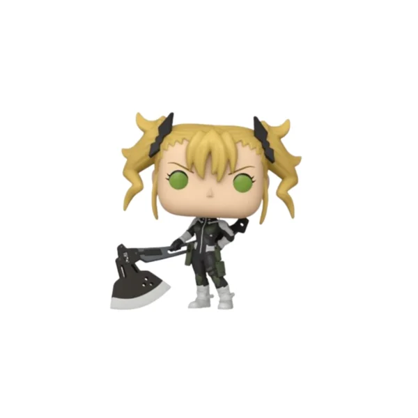 Funko kikoru Shinomiya con pelo rubio, dos coletas y hacha en la mano derecha