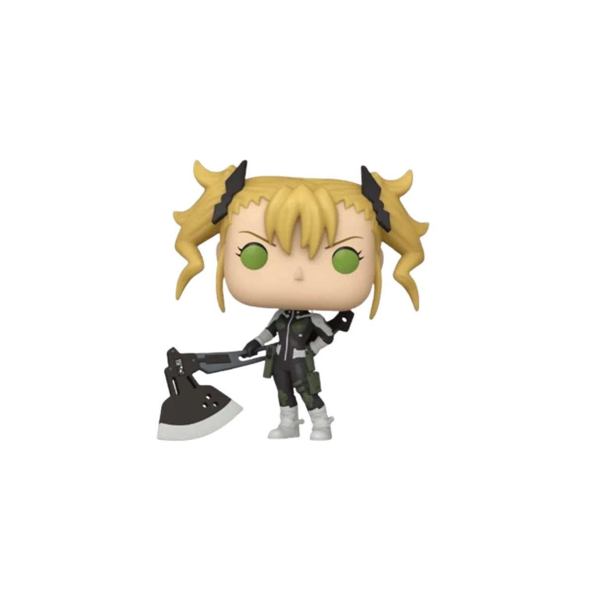 Funko kikoru Shinomiya con pelo rubio, dos coletas y hacha en la mano derecha