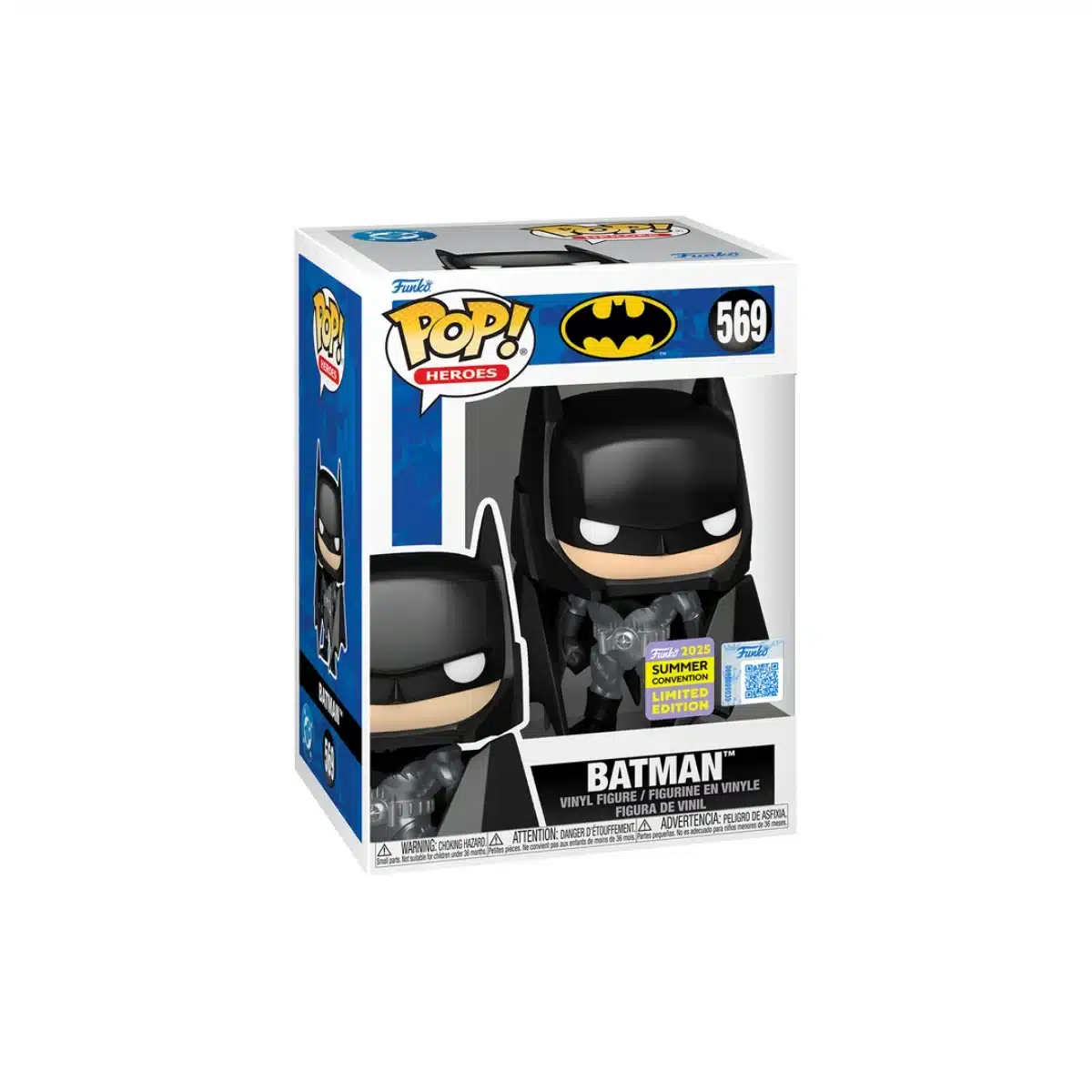 Este funko de Funko Batman 569 SDCC 2025 parece con una capa negra y ojos blancos