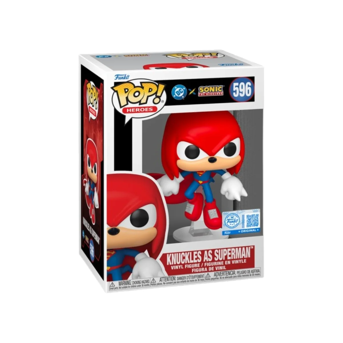 En este Funko Knuckles Superman 596 SE Sonic Justice League vemos que Sonic aparece con el color rojo en su pelo y botas, además del color azul en su ropa, colores que utiliza Superman