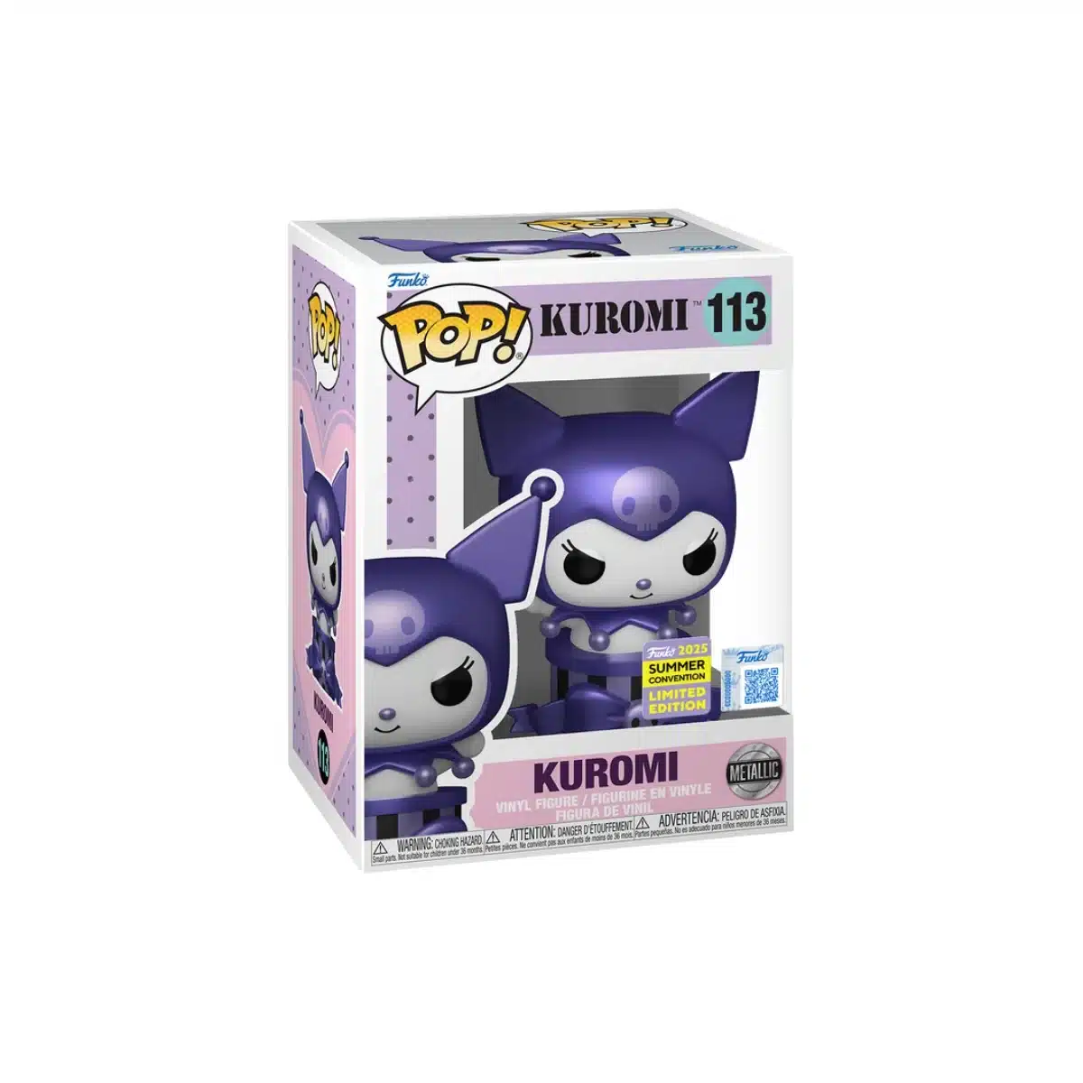 Este es el Funko Kuromi 113 SDCC 2025 Hello Kitty, el cual tiene un rostro maléfico y abunda el color morado.