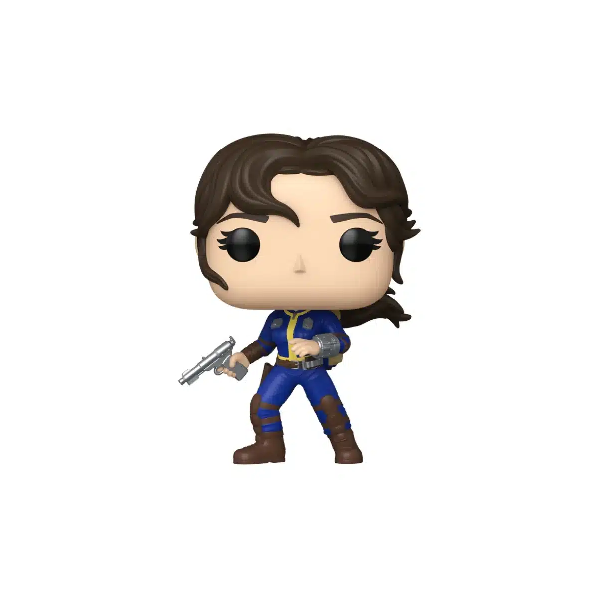 Aparece el personaje Lucy Maclean de la serie Fallout. Traje azul y pistola en la mano