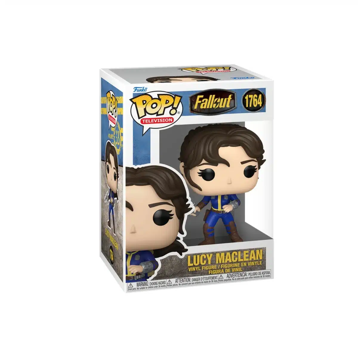 Aparece el Funko Lucy Maclean 1764 de la serie Fallout. Traje azul y pistola en la mano