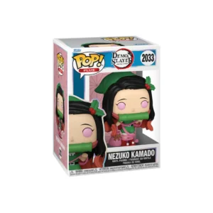 Este es el funko de Nezuko Kamado con gorro verde y vestida con un saco rosa que simboliza la navidad