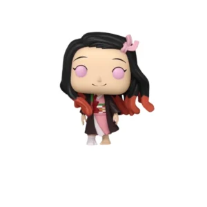 Este Funko de Nezuko Kamado se aprecia un cinta rosa en el pelo y un kimono rosa y negro
